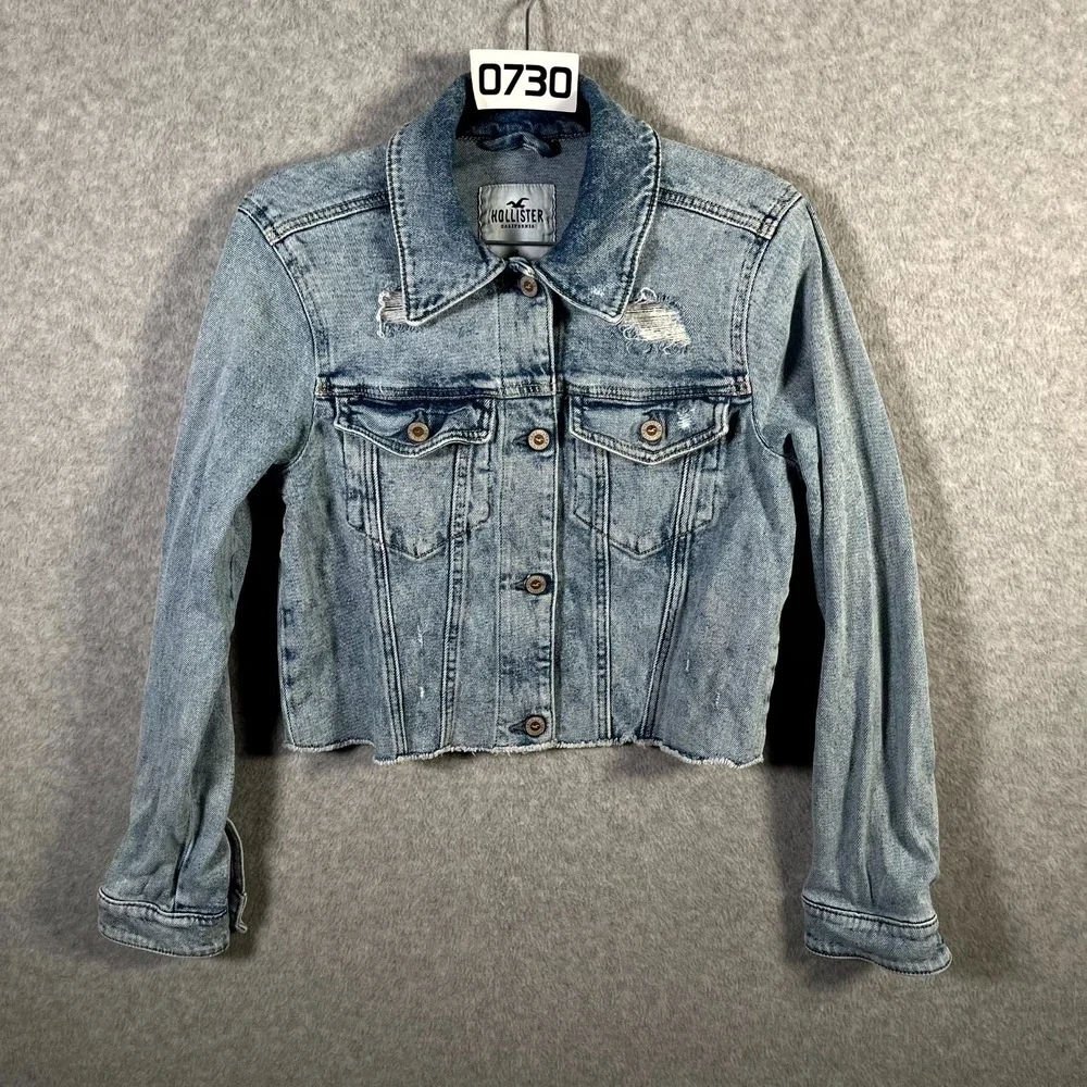 Hollister California Trucker Jacket Womens S Blue Denim Medium Wash Distressed